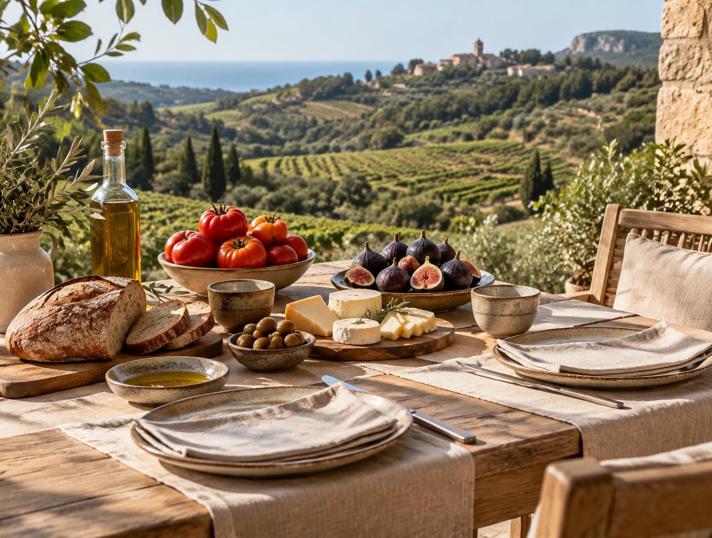 Desayuno con productos de proximidad frente a un paisaje de viñedos